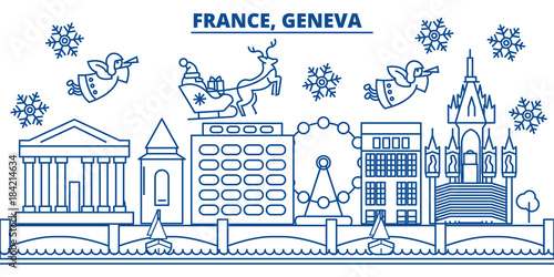 France, Geneva winter city skyline. Merry Christmas, Happy New Year decorated banner with Santa Claus.Winter greeting line card.Flat, outline vector. Linear christmas snow illustration