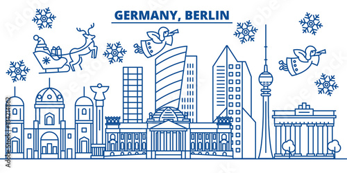 Germany, Berlin winter city skyline. Merry Christmas, Happy New Year decorated banner with Santa Claus.Winter greeting line card.Flat, outline vector. Linear christmas snow illustration