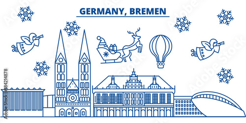 Germany, Bremen winter city skyline. Merry Christmas, Happy New Year decorated banner with Santa Claus.Winter greeting line card.Flat, outline vector. Linear christmas snow illustration
