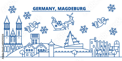 Germany, Magdeburg winter city skyline. Merry Christmas, Happy New Year decorated banner with Santa Claus.Winter greeting line card.Flat, outline vector. Linear christmas snow illustration