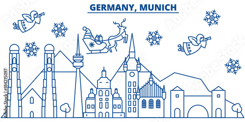 Germany, Munich winter city skyline. Merry Christmas, Happy New Year decorated banner with Santa Claus.Winter greeting line card.Flat, outline vector. Linear christmas snow illustration