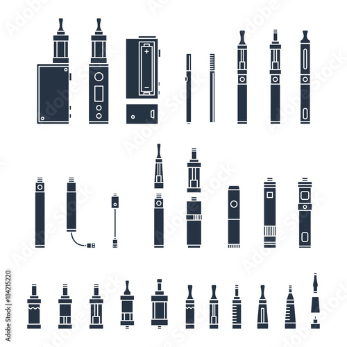 vecor set of vape related simple Icons. RDA, Atomizer, drip tip, mod, e-liquid, coil