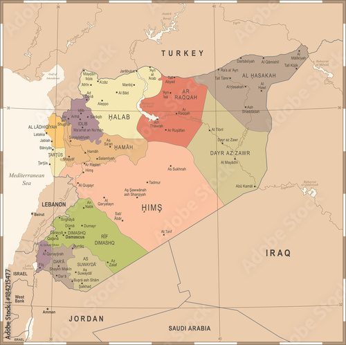 Syria Map - Vintage Detailed Vector Illustration