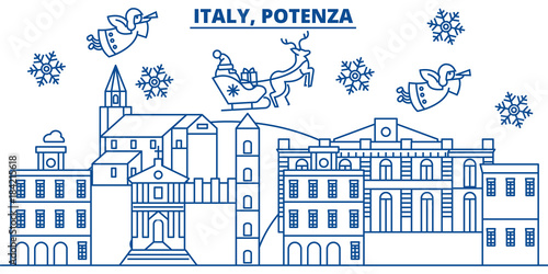 Italy, Potenza winter city skyline. Merry Christmas, Happy New Year decorated banner with Santa Claus.Winter greeting line card.Flat, outline vector. Linear christmas snow illustration
