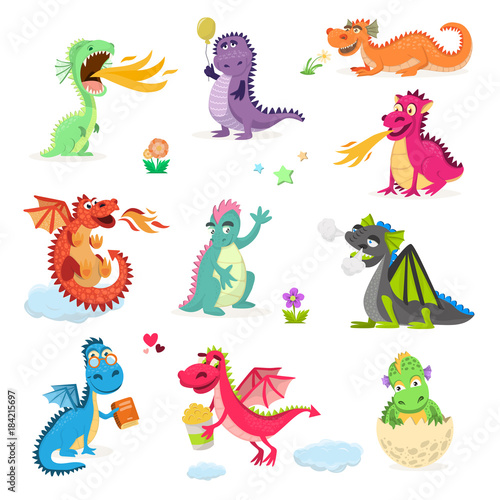 Dragon cartoon cute dragonfly dino character baby dinosaur for kids fairytale dino illustration isolated on white background