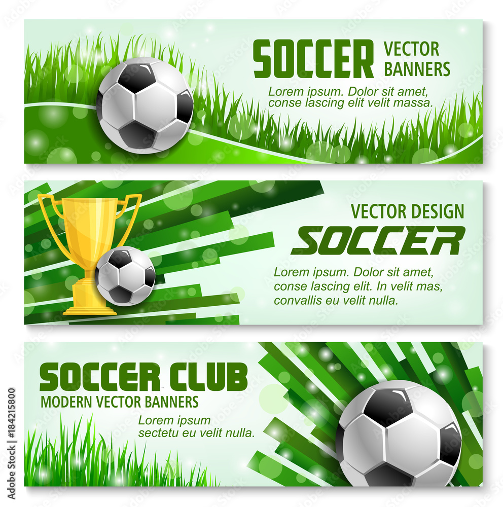 Naklejka premium Football sport 3d banner of soccer ball and trophy