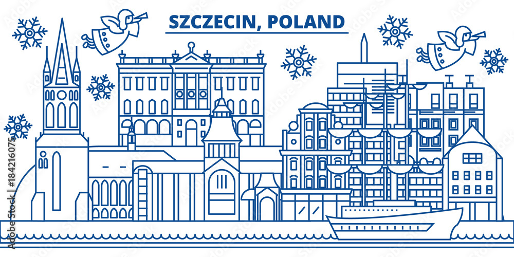 Poland, Szczecin winter city skyline. Merry Christmas, Happy New Year decorated banner with Santa Claus.Winter greeting line card.Flat, outline vector. Linear christmas snow illustration - obrazy, fototapety, plakaty 
