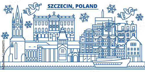 Poland, Szczecin winter city skyline. Merry Christmas, Happy New Year decorated banner with Santa Claus.Winter greeting line card.Flat, outline vector. Linear christmas snow illustration