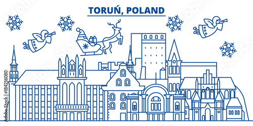 Poland, Torun winter city skyline. Merry Christmas, Happy New Year decorated banner with Santa Claus.Winter greeting line card.Flat, outline vector. Linear christmas snow illustration