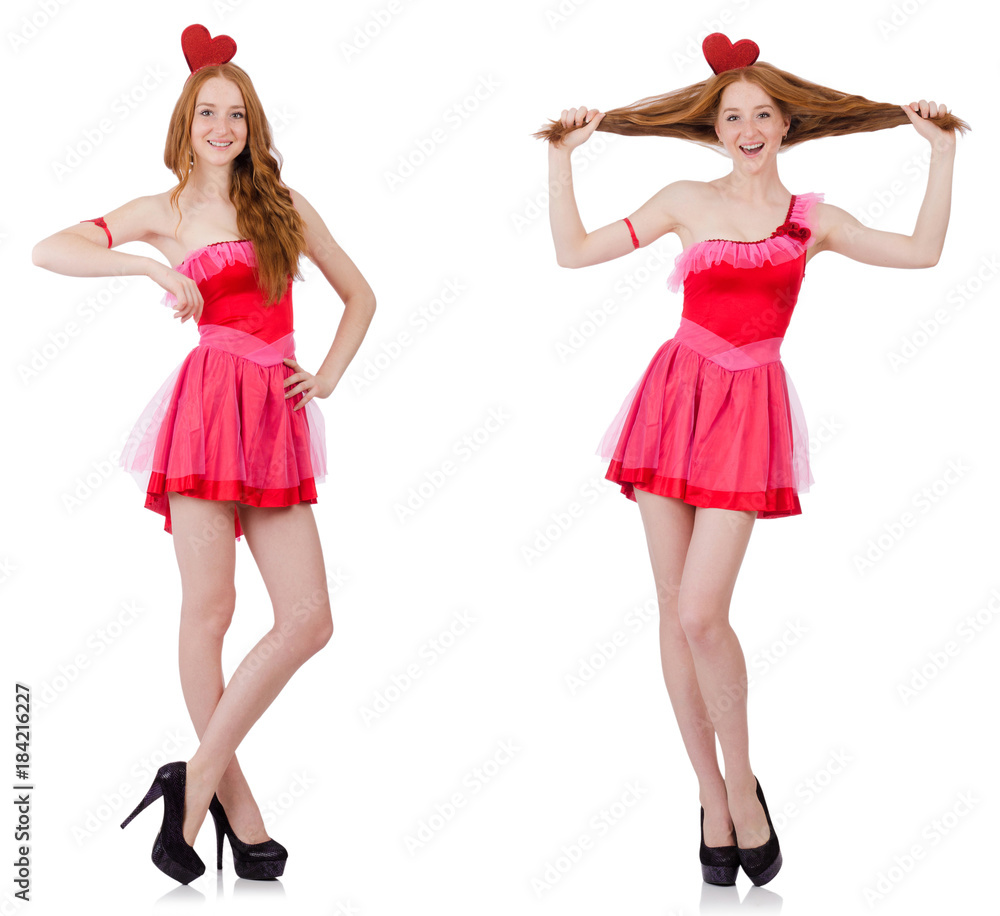 Pretty young model in mini pink dress isolated on white Pretty young model in mini pink dress isolated on white