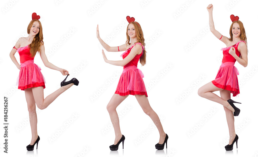 Pretty young model in mini pink dress isolated on white Pretty young model in mini pink dress isolated on white
