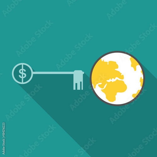 world and key on background in flat style with long shadow