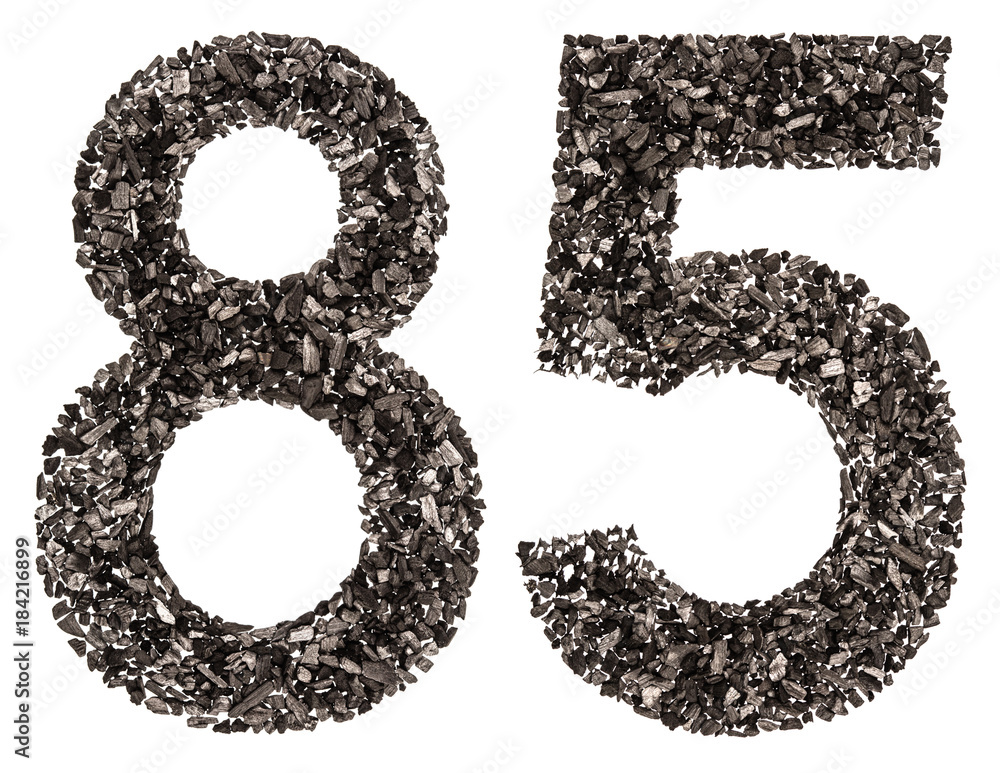 Arabic numeral 85, eighty five, from black a natural charcoal, isolated on white background Arabic numeral 85, eighty five, from black a natural charcoal, isolated on white background