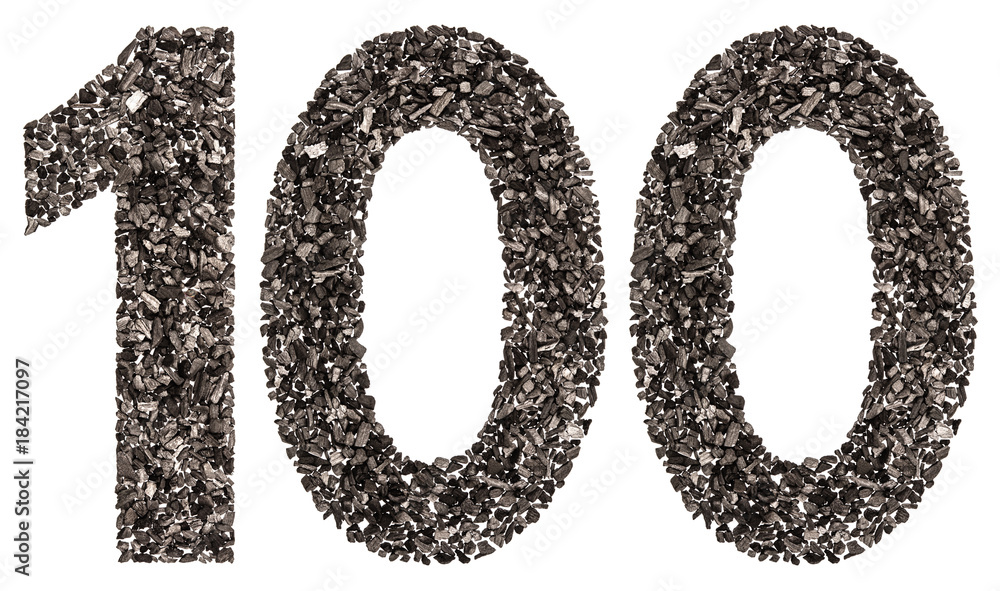 Arabic numeral 100, one hundred, from black a natural charcoal, isolated on white background Arabic numeral 100, one hundred, from black a natural charcoal, isolated on white background