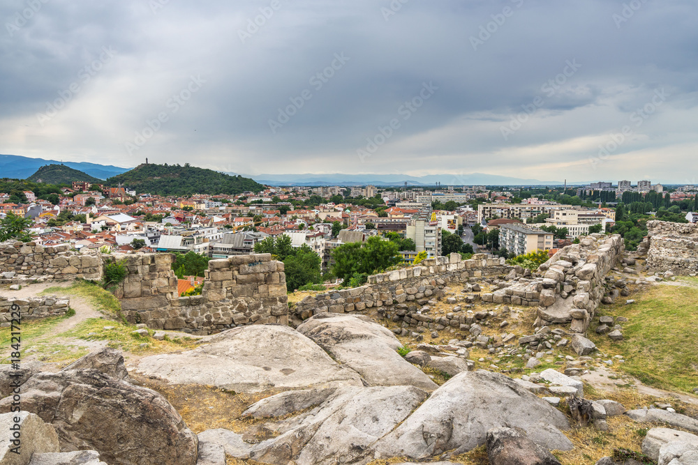 Cityscape with the ruins of the ancient town of Plovdiv on Nebet Tepe hill, Bulgaria