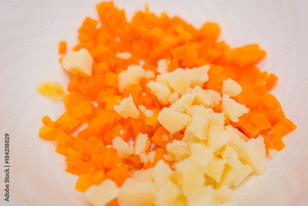 Chopped carrots on pieces. Preparation of salad Chopped carrots on pieces. Preparation of salad