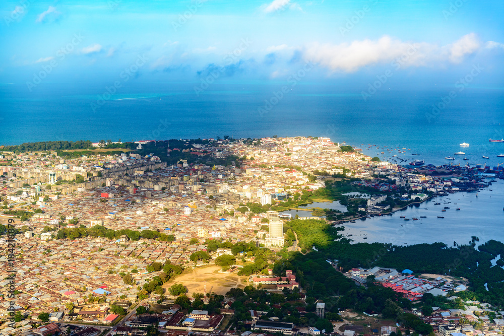 An aerial photograph of Stone Town in Zanzibar, Tanzania.