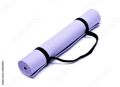 Lavender rolled yoga mat with black handy carrying strap isolated on white background