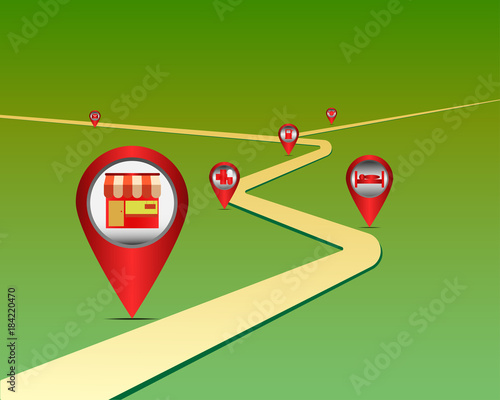 Flat colored Map pointer icon on Map. store, hotel, Gas station, hospital, post office, restaurant. Vector illustration design.