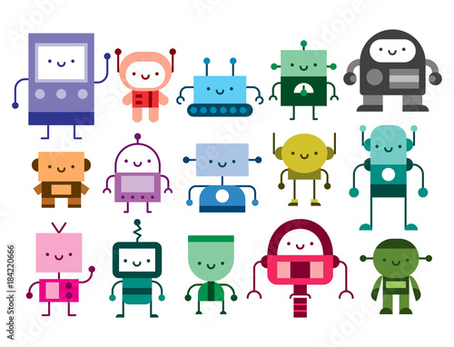 Set Of Cartoon Robots Isolated On White Background