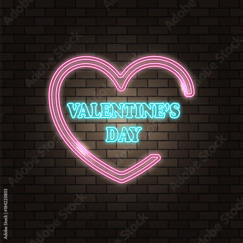 Neon happy Valentine's Day banner. Valentine lamp romance heart shape. Colored vector light glow poster. Nightclub bulb dark brick wall label card design. Holiday greeting. Love background.