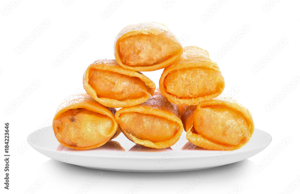 Spring rolls in white plate on white background Spring rolls in white plate on white background