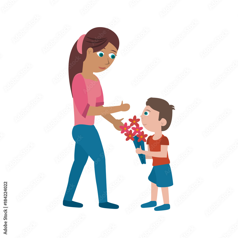 Son giving flowers to his mom