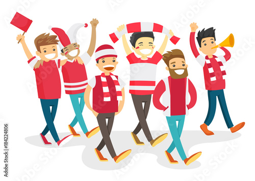 Group of multicultural happy sport fans in red outfit cheering for their team. Football fans with flag and scarfs strolling. Vector cartoon illustration isolated on white background. Square layout.