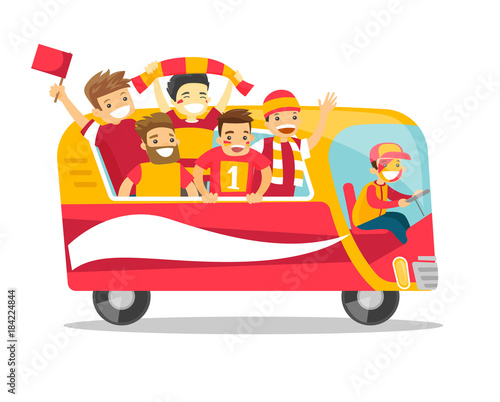 Bus full of cheerful caucasian white football team players in red outfit celebrating the victory in the football championship. Vector cartoon illustration isolated on white background. Square layout.