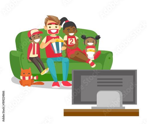 Young happy multicultural family sitting on sofa, eating popcorn and watching football game together on television at home. Vector cartoon illustration isolated on white background. Square layout.