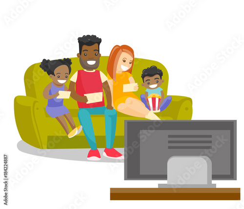 Caucasian white mother and African father with biracial kids sitting on the couch and watching television together at home. Vector cartoon illustration isolated on white background. Square layout.