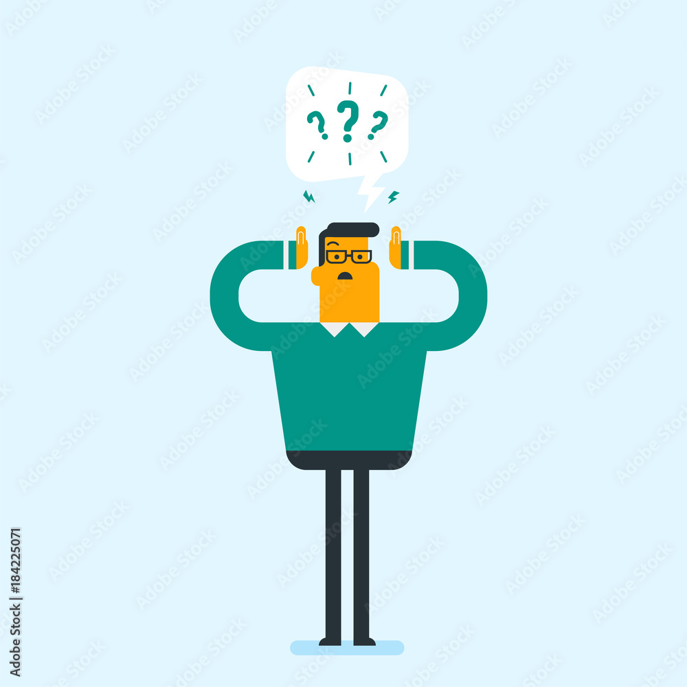 Young worried caucasian white businessman clutching his head while standing under question marks. Businessman does not have answers to many questions. Vector cartoon illustration. Square layout.