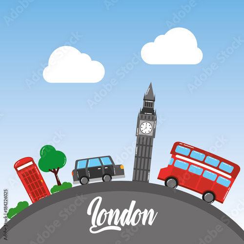 london big ben double decker bus taxi telephone booth tree sky vector illustration