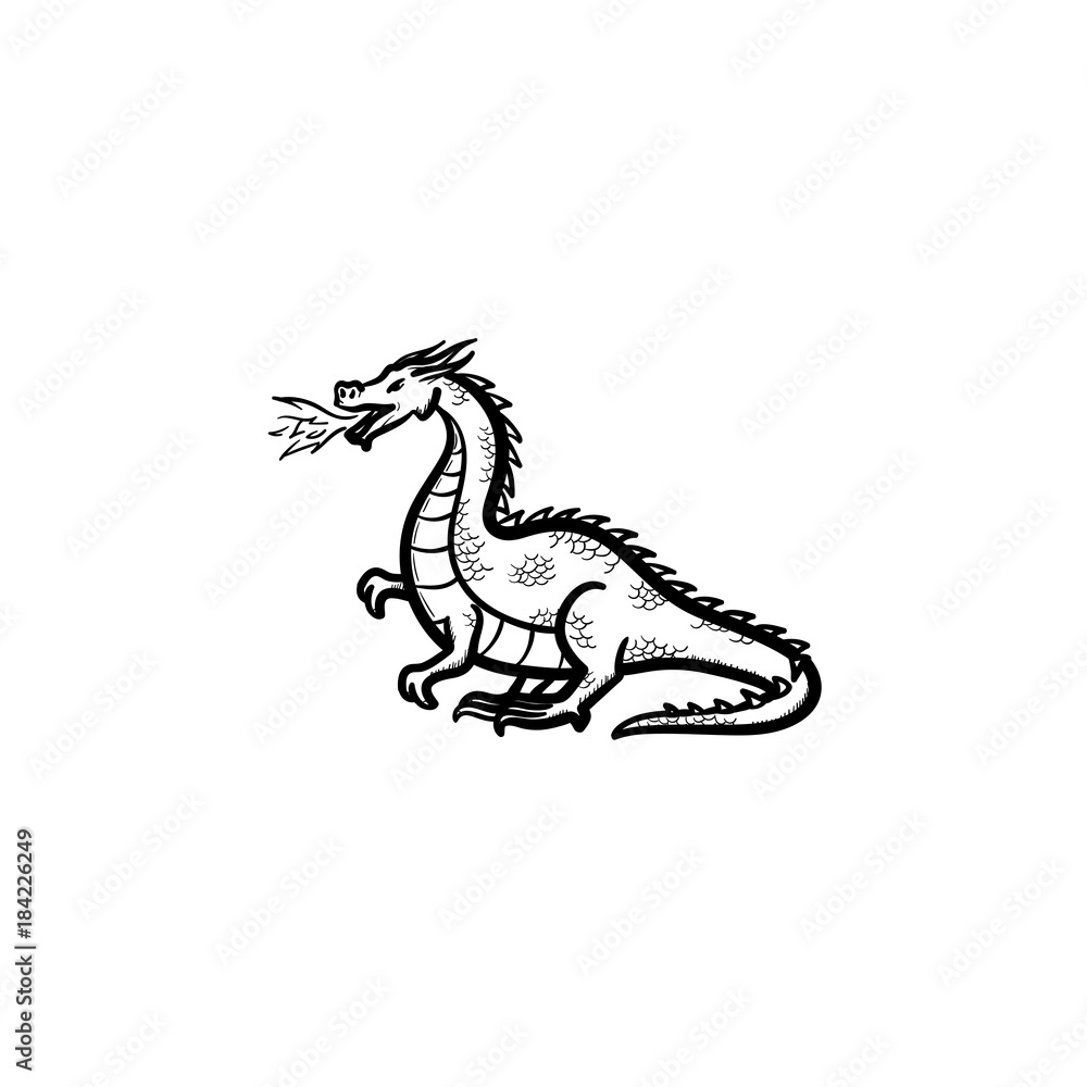 Vector hand drawn dragon breathing fire outline doodle icon