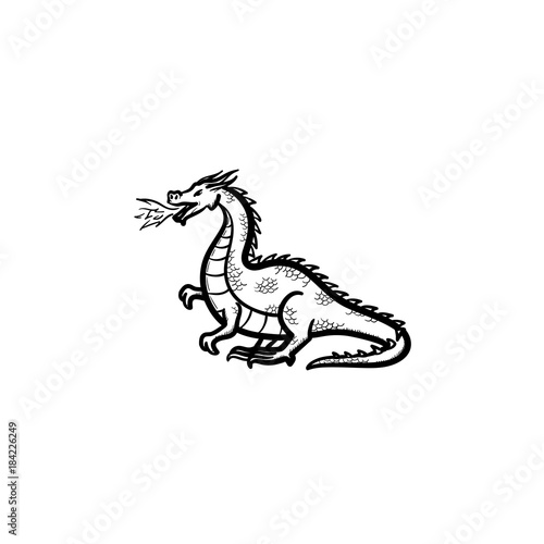 Vector hand drawn dragon breathing fire outline doodle icon