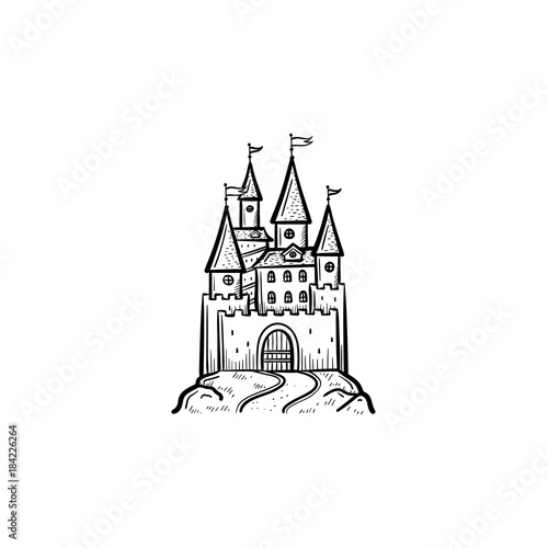 Vector hand drawn fairytale castle outline doodle icon. Fairytale castle sketch illustration for print, web, mobile and infographics isolated on white background.
