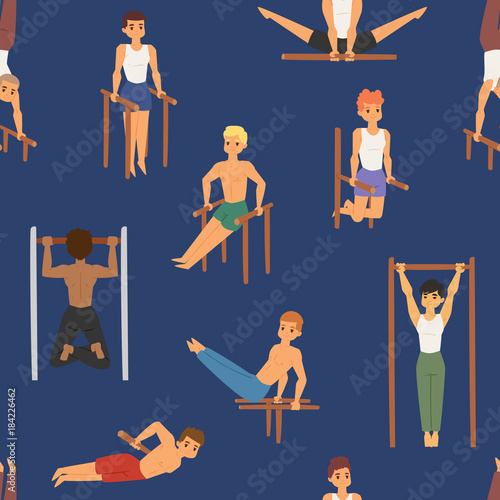 Cartoon horizontal chin-up street workout strong athlete vector man gym doing bar exercise street hard work tricks muscular fitness sportman character seamless pattern background