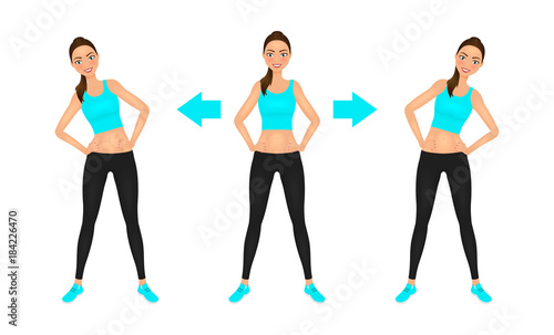 Smiling young pretty woman make side bend exercise with hands on the hips. Fit girl in leggings and crop top. Warm-up instruction vector illustration.