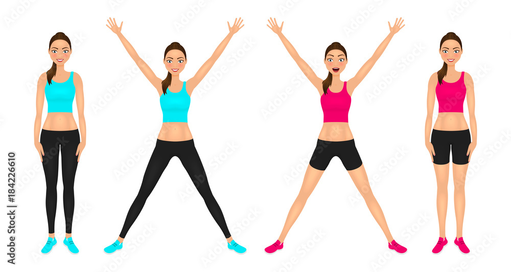 Smiling fit girl with hands up. Standing young woman in sportswear. Characters set vector illustration.