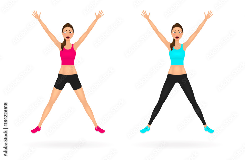 Pretty jumping girl in sportswear with hands up. Happy young woman characters set. Vector illustration. Pretty jumping girl in sportswear with hands up. Happy young woman characters set. Vector illustration.