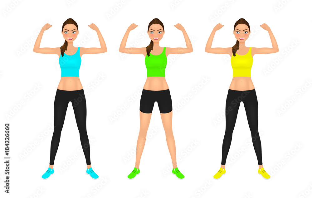 Pretty young fit woman showing her biceps. Smiling girl in sportswear. Isolated vector characters set. Pretty young fit woman showing her biceps. Smiling girl in sportswear. Isolated vector characters set.