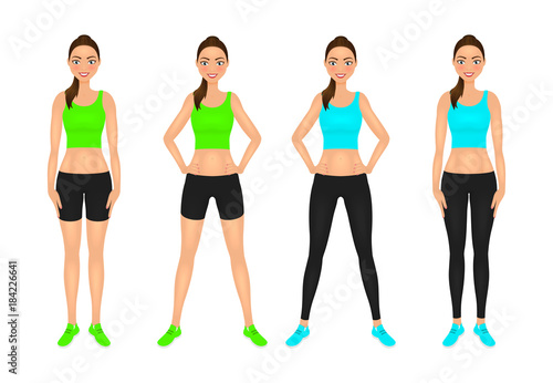 Cute smiling fit girl with hands on the hips. Young woman in sportswear. Characters set vector illustration.