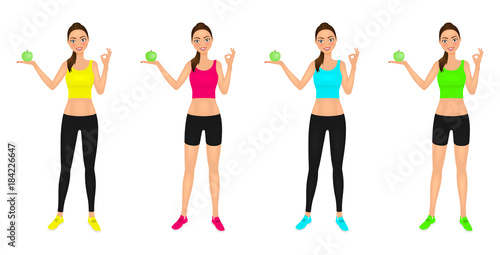 Young smiling woman in sportswear with apple showing ok sign. Healthy lifestyle promoting. Vector characters set.