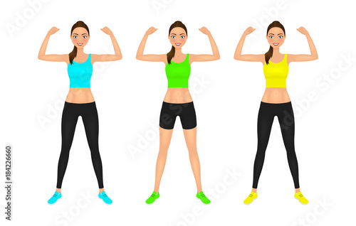 Pretty young fit woman showing her biceps. Smiling girl in sportswear. Isolated vector characters set.