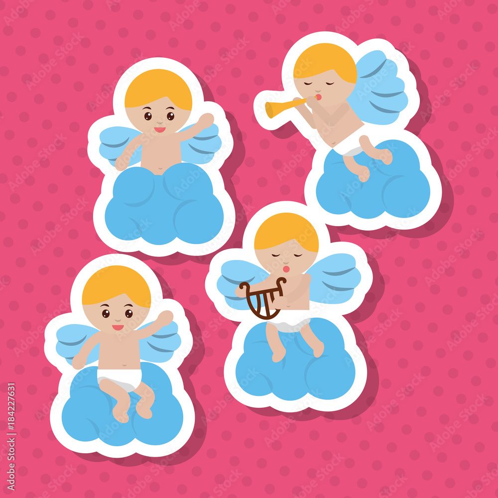 set of blond cupid in clouds harp trumpet music romance vector illustration set of blond cupid in clouds harp trumpet music romance vector illustration