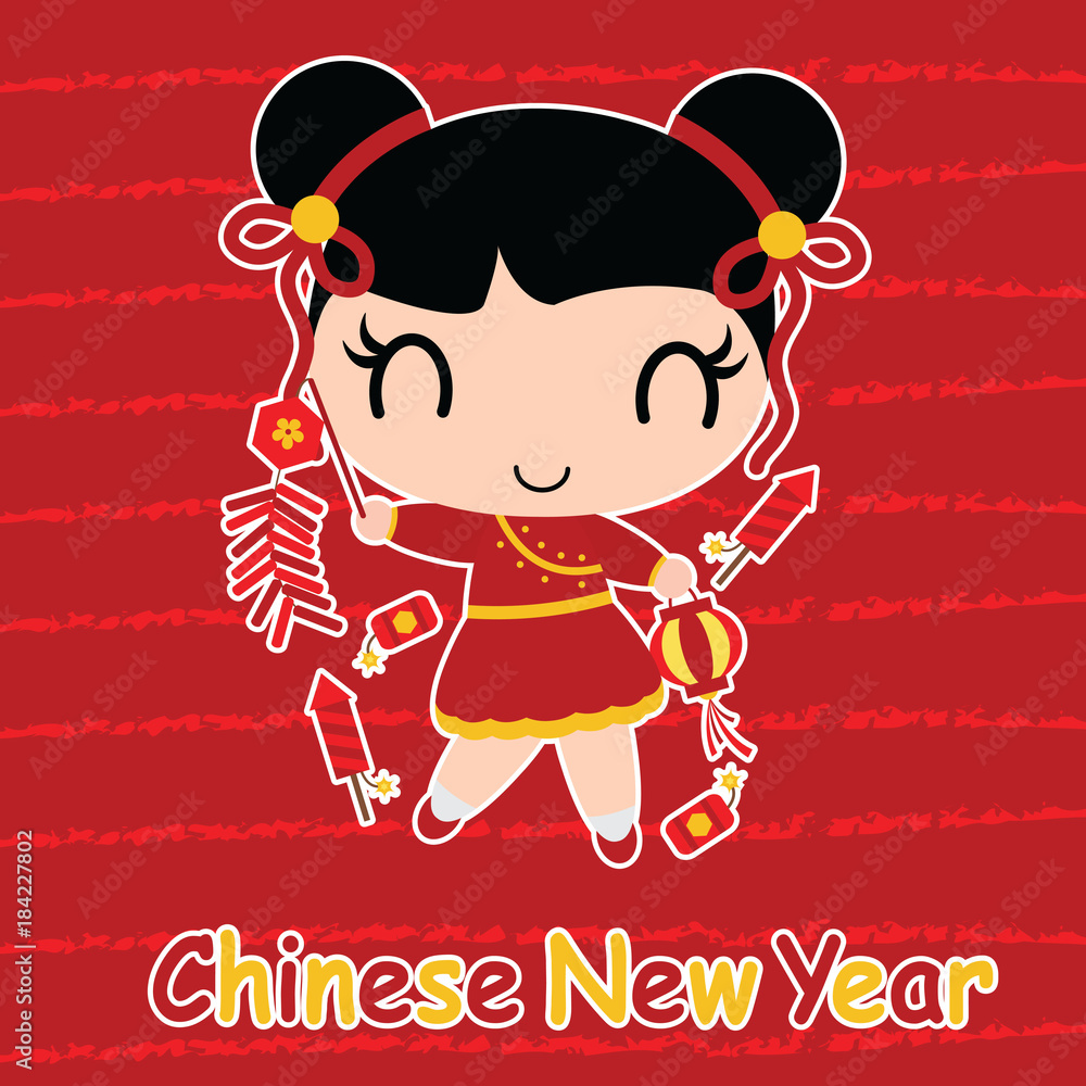 Cute Chinese girl plays firecrackers on red striped background vector  cartoon illustration for Chinese New Year card, kid t-shirt design, and  wallpaper Stock Vector | Adobe Stock