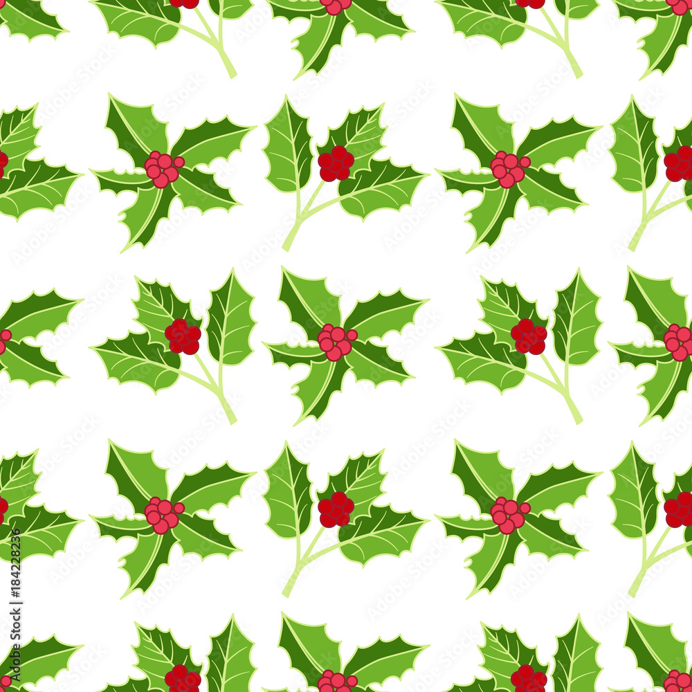 Floral seamless pattern with holly. Winter background, decorative wrapper, texture, textile.