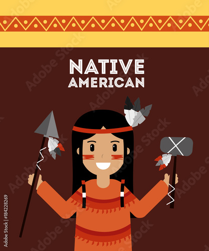 native american indian holding spear and tomhawk vector illustration