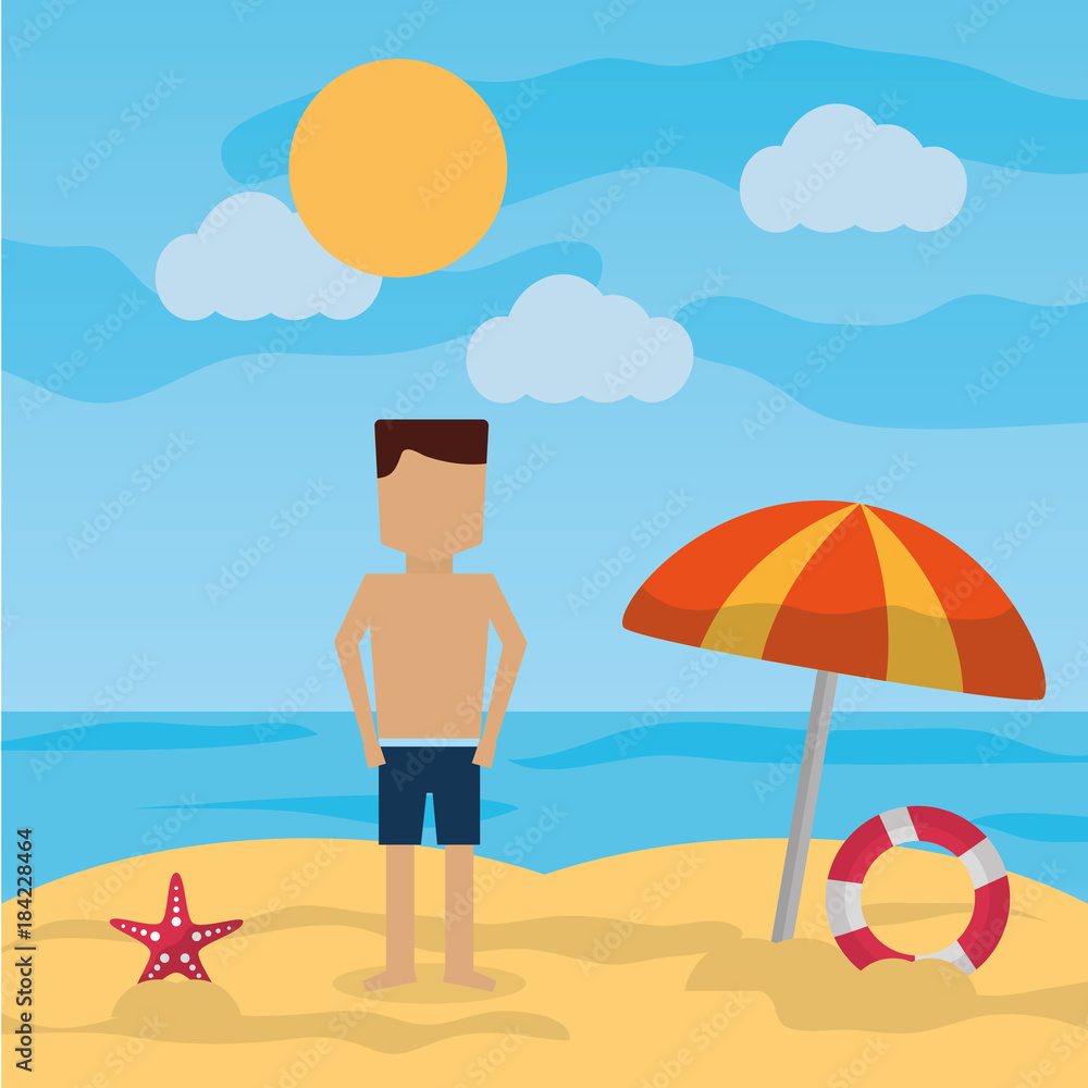man standing beach with umbrella lifebuoy sea landscape vector illustration