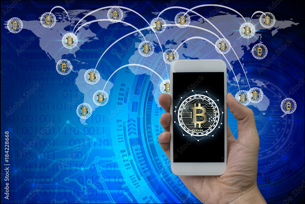 Hand use smartphone bitcoin and blockchain network connection, Stock exchange concept